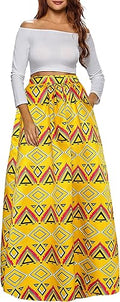 Afibi Women African Printed Maxi Skirt Flared A Line Skirt