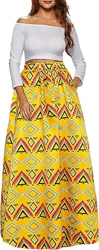 Afibi Women African Printed Maxi Skirt with Pockets S-5XL