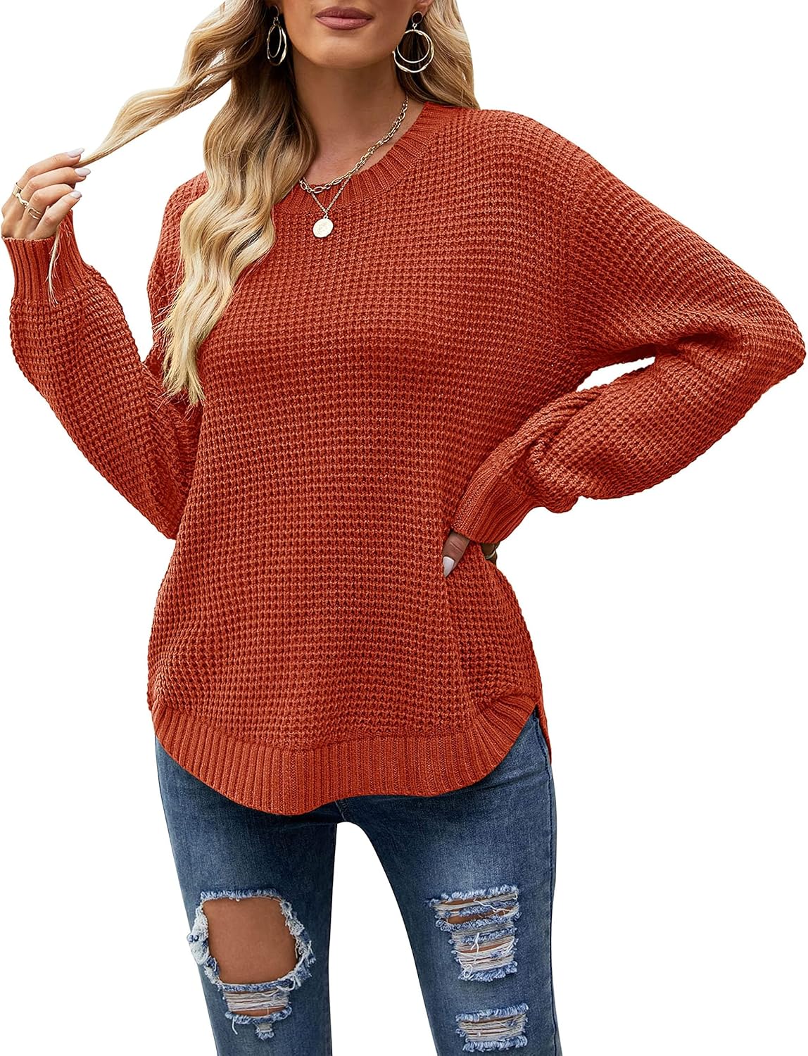 Waffle Knit Pullover Tops for Women - Casual Fall Sweater