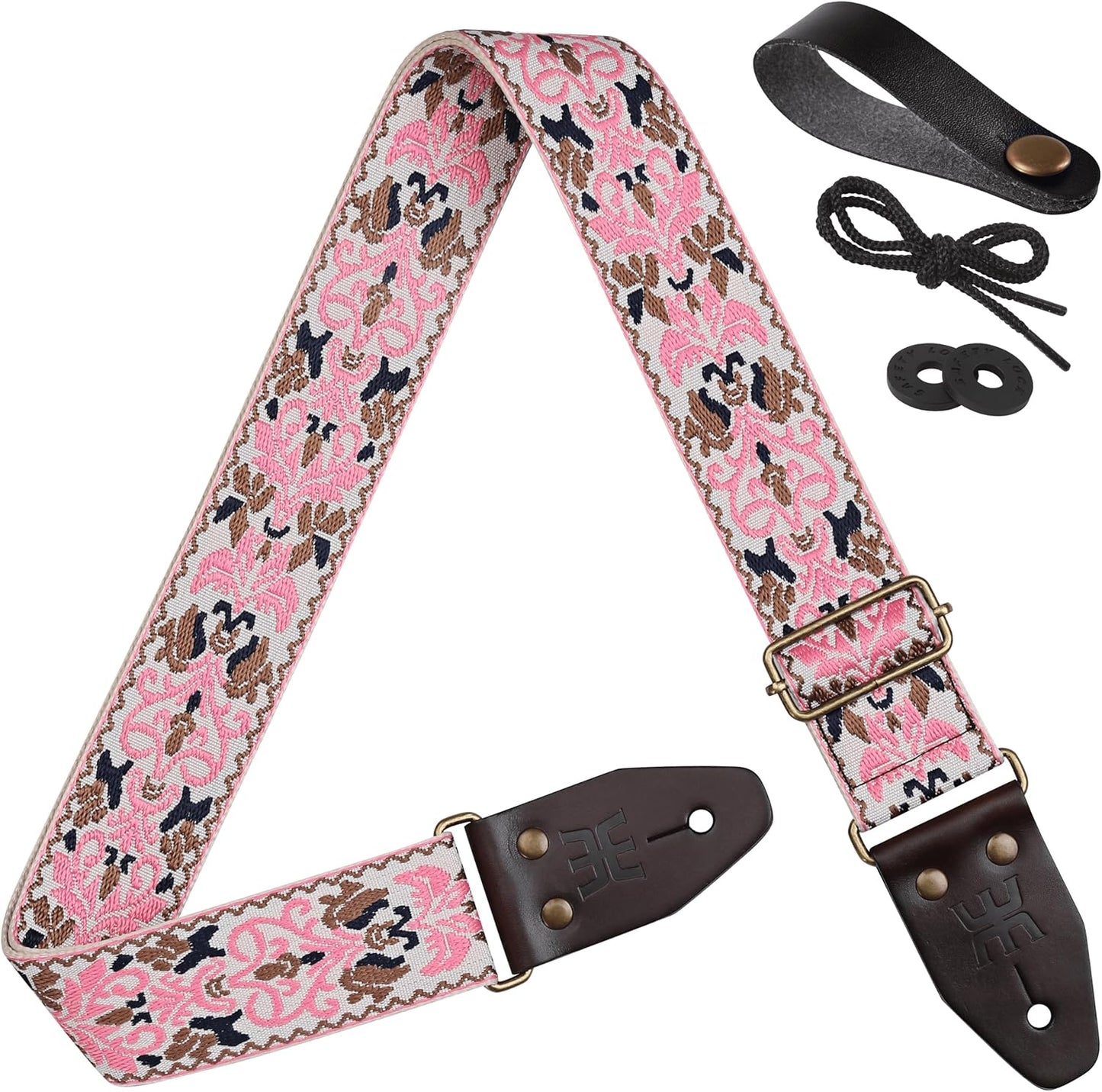 Vintage Pink Spades Guitar Strap - Top Grain Leather Ends