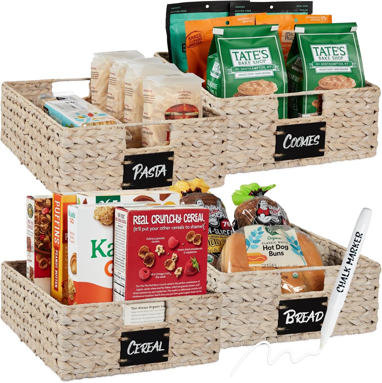 Large Water Hyacinth Pantry Baskets Set of 4 with Labels
