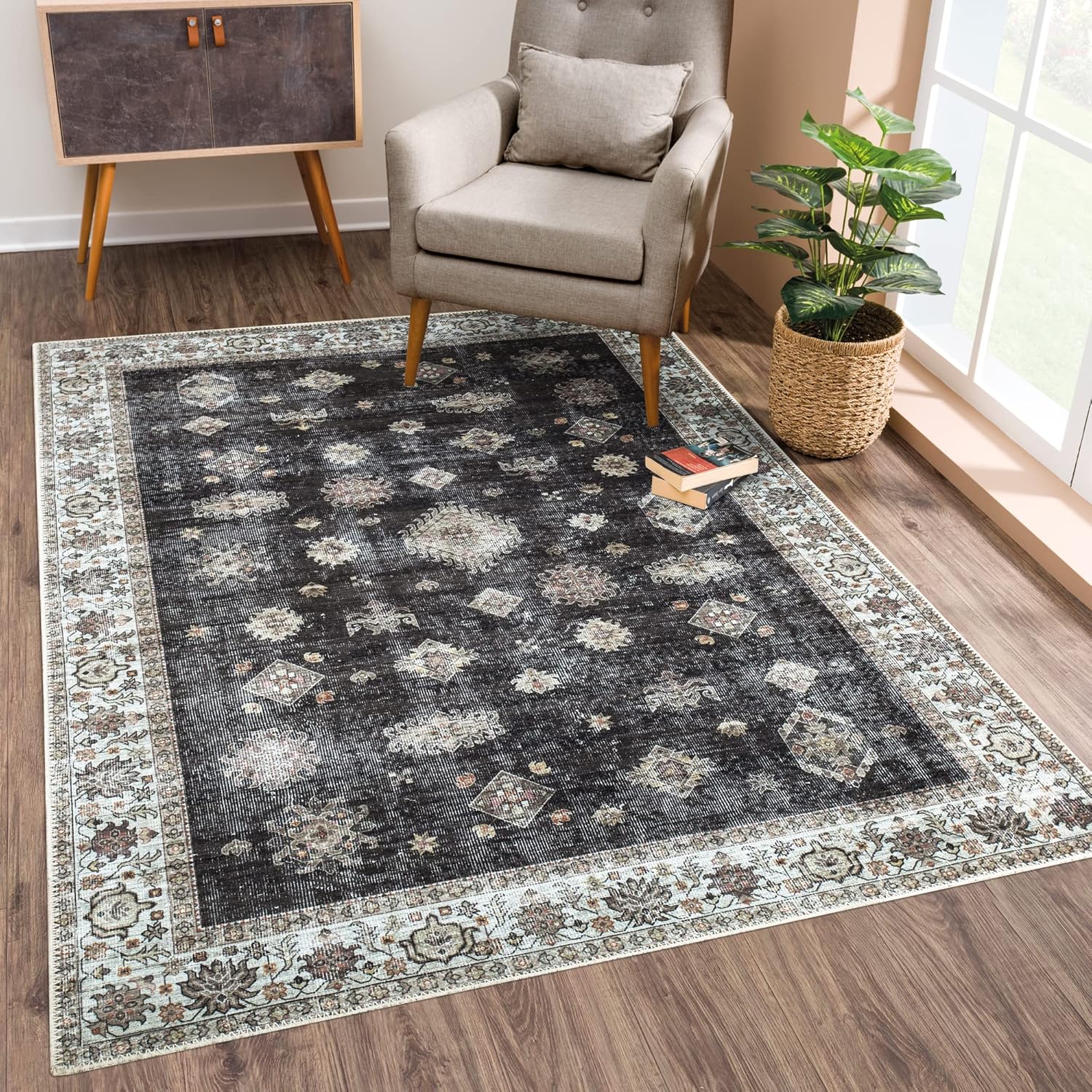 Bloom Rugs Washable Non-Slip 3ft x 5ft Black/Ivory Area Rug