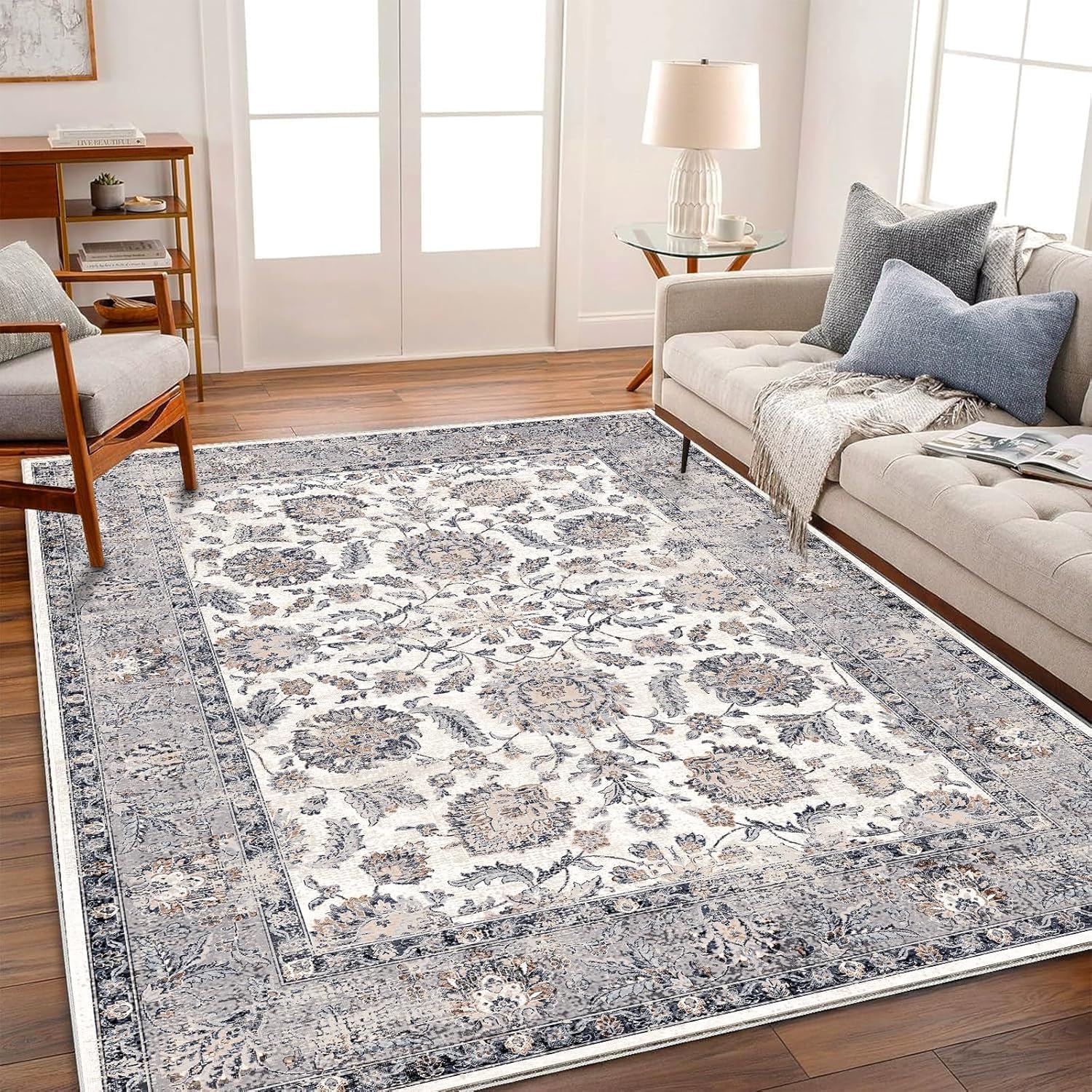 10x14 Washable Area Rug with Distressed Boho Medallion Design