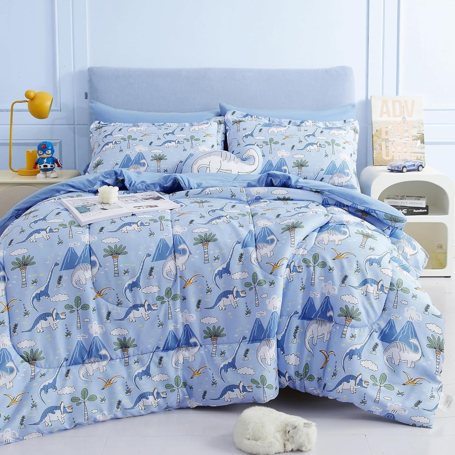 Dinosaur Blue Kids Twin Comforter Set for Boys 6 Pieces