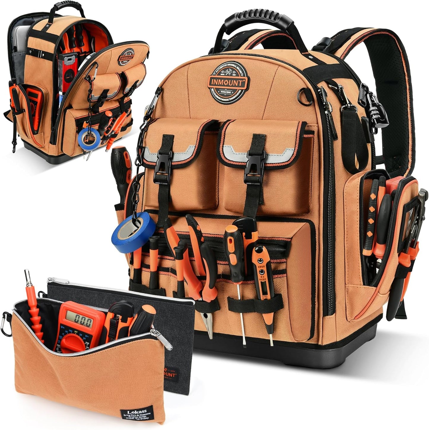Heavy Duty Tool Backpack with 2 Small Tool Bags for Organizing