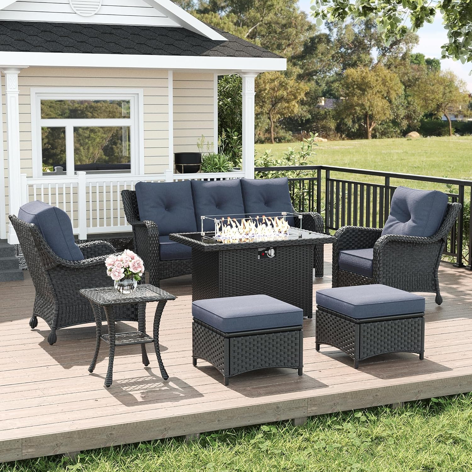 LayinSun 7 Piece Wicker Outdoor Furniture Set with Fire Pit