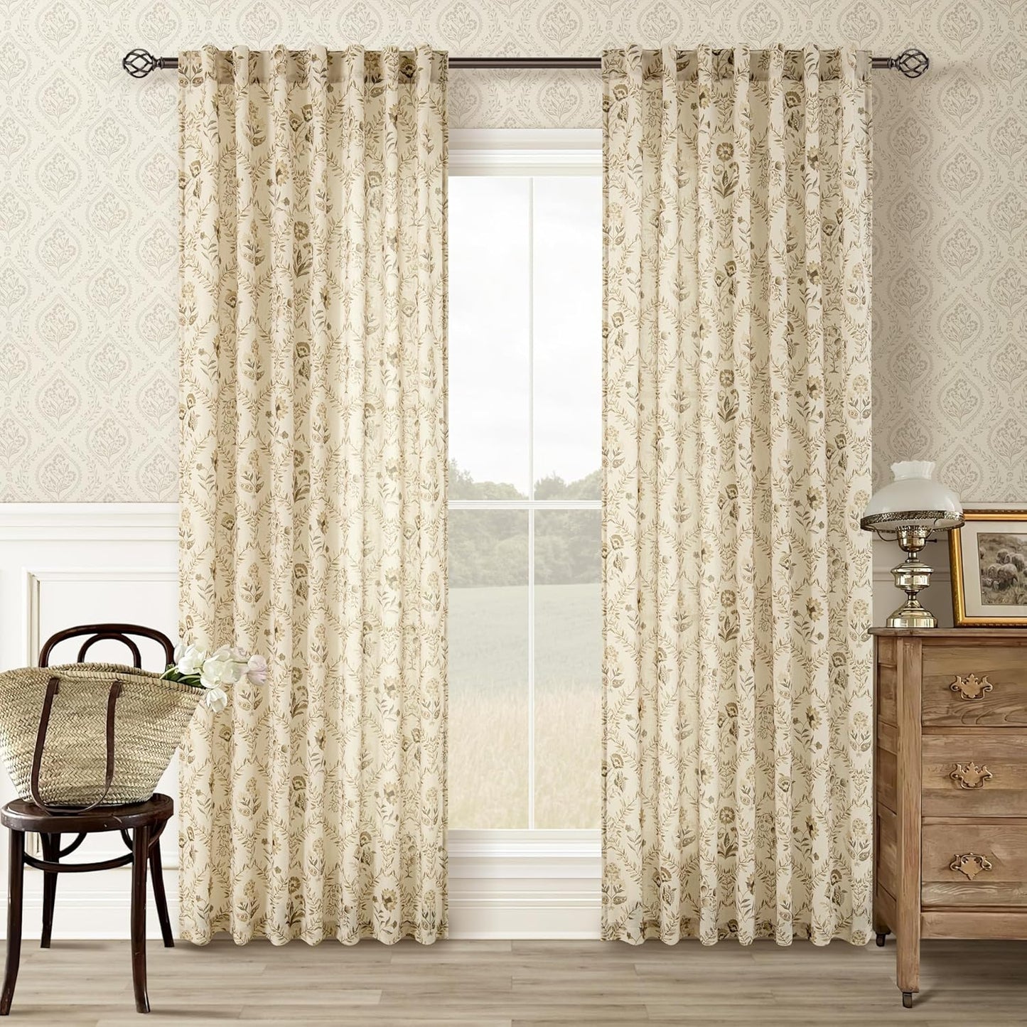 Tan Brown Floral Linen Curtains for Living Room 86 Inch Length