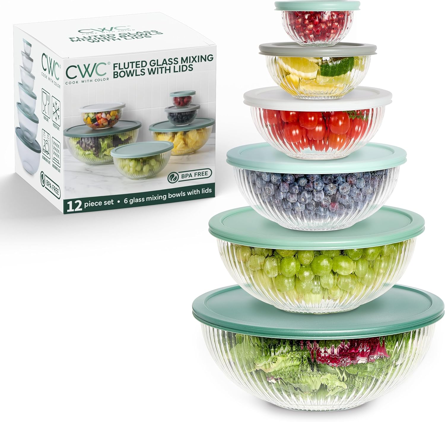 12 Pc Glass Mixing Bowl Set with Lids for Cooking and Baking