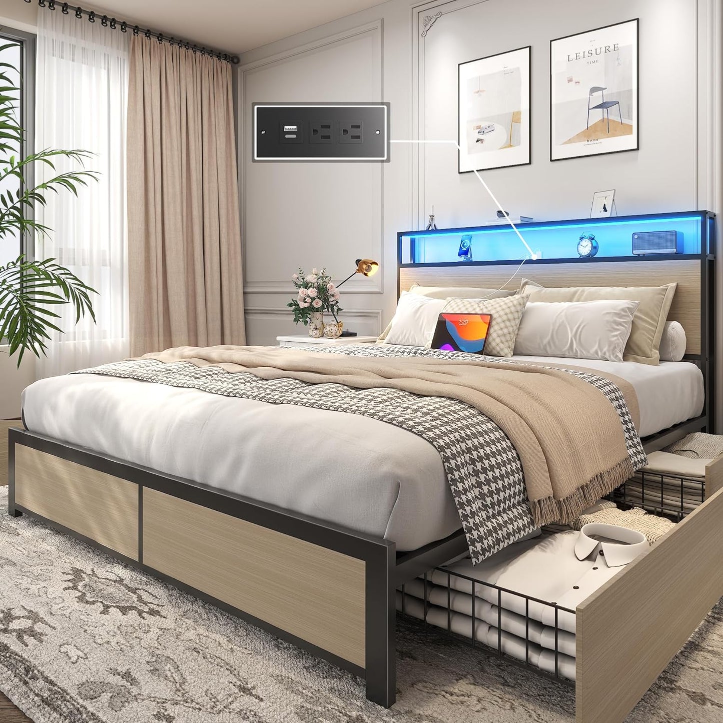 Lifezone Queen Bed Frame with Storage Headboard & LED Lights