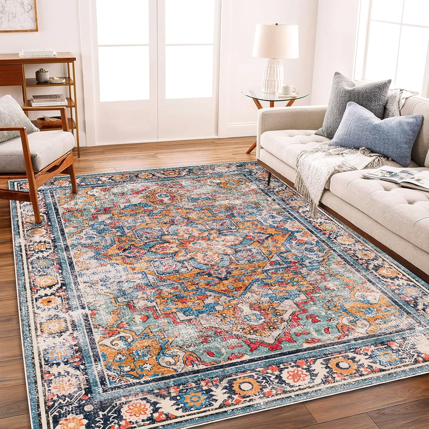 Washable Area Rug 10ftx14ft Boho Chic Medallion Design for Home