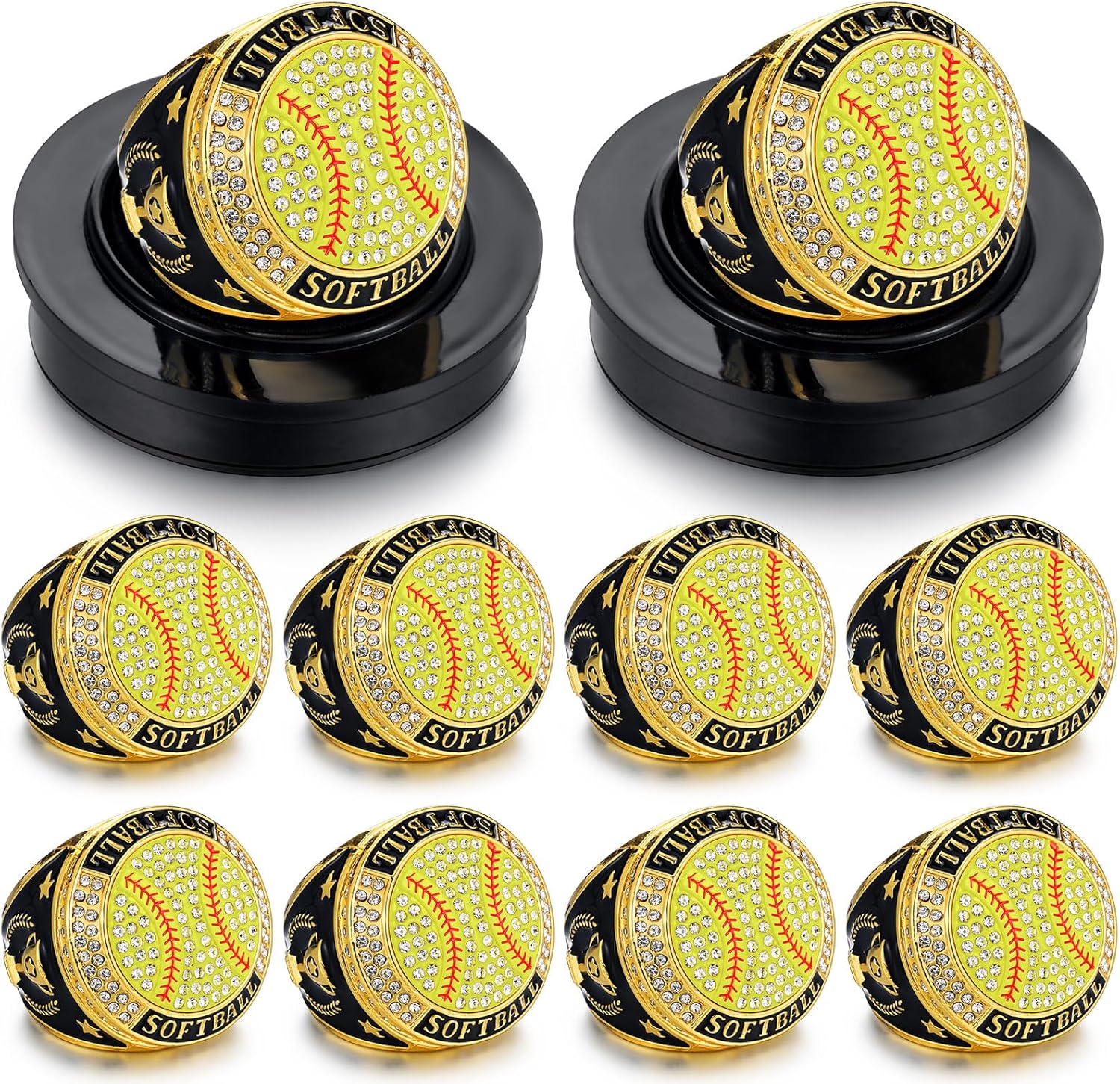 10pcs Softball Champion Rings with Display Chain and Stand