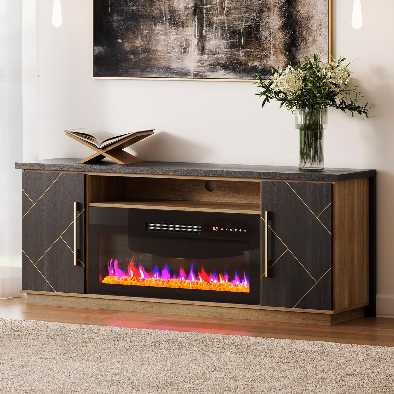 68 Fireplace TV Stand with Electric Heater & Storage