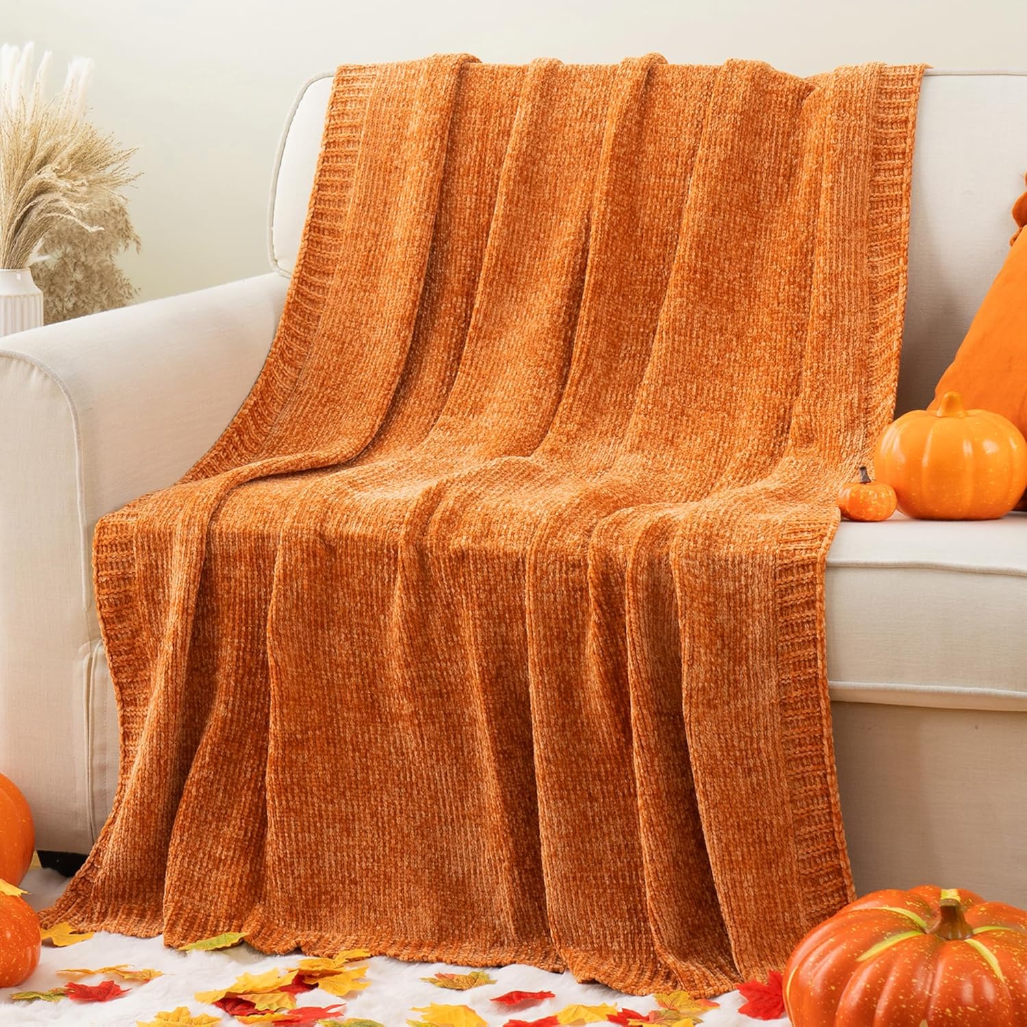 BATTILO HOME Orange Chenille Throw Blanket for Cozy Fall Decor
