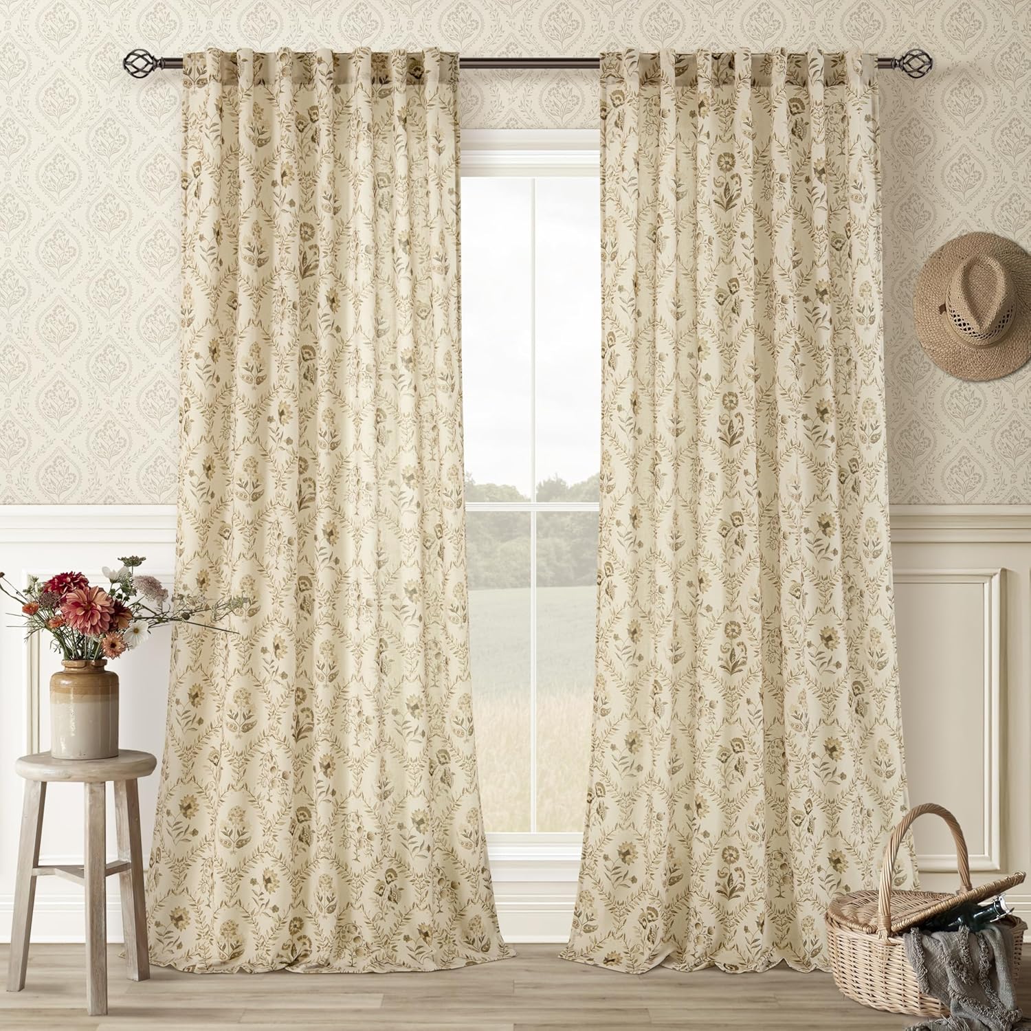 Linen Floral 102 Inch Curtains for Farmhouse Style Decor