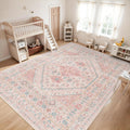 10x14 Area Rug Pink Blue Vintage Low Pile Rug - Washable, Non-Slip