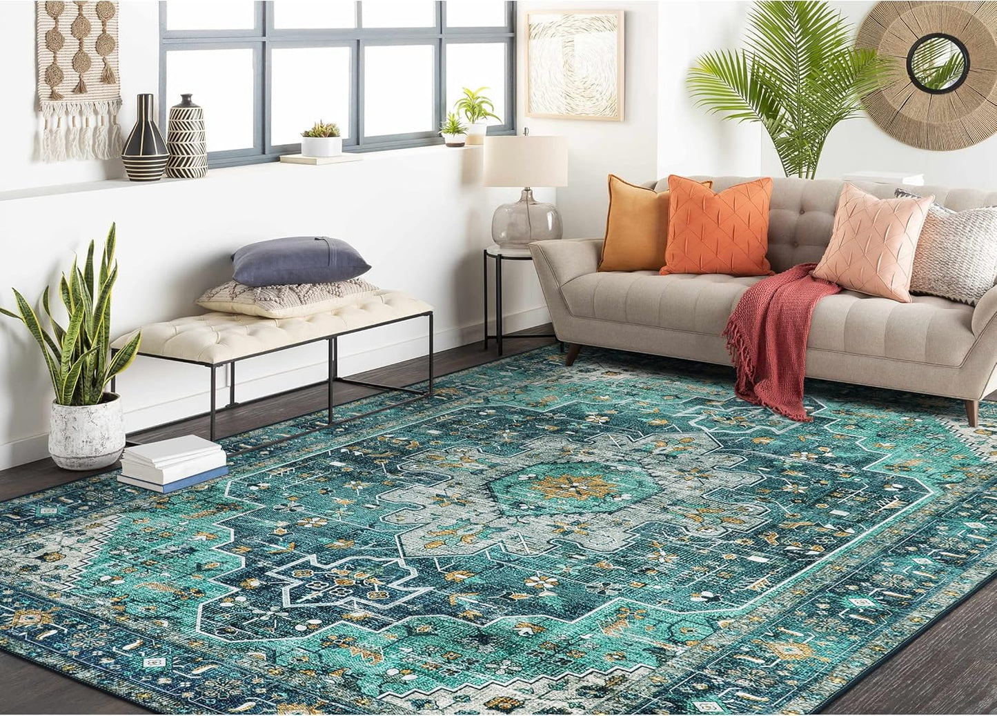 Moynesa Ultra-Thin Washable Vintage Area Rug - 6x9 Teal Design