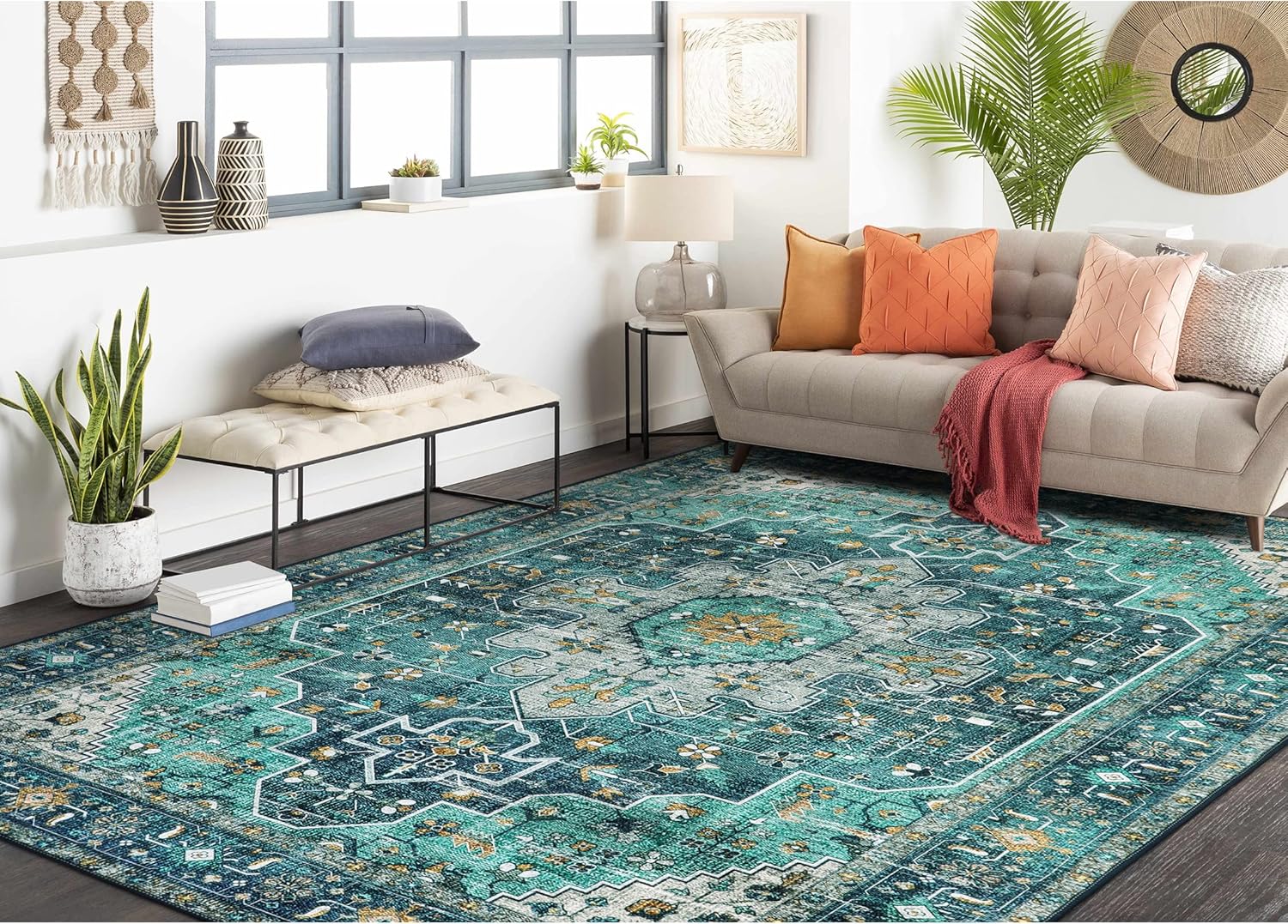 Moynesa Ultra-Thin Washable Vintage Area Rug - 6x9 Teal Design
