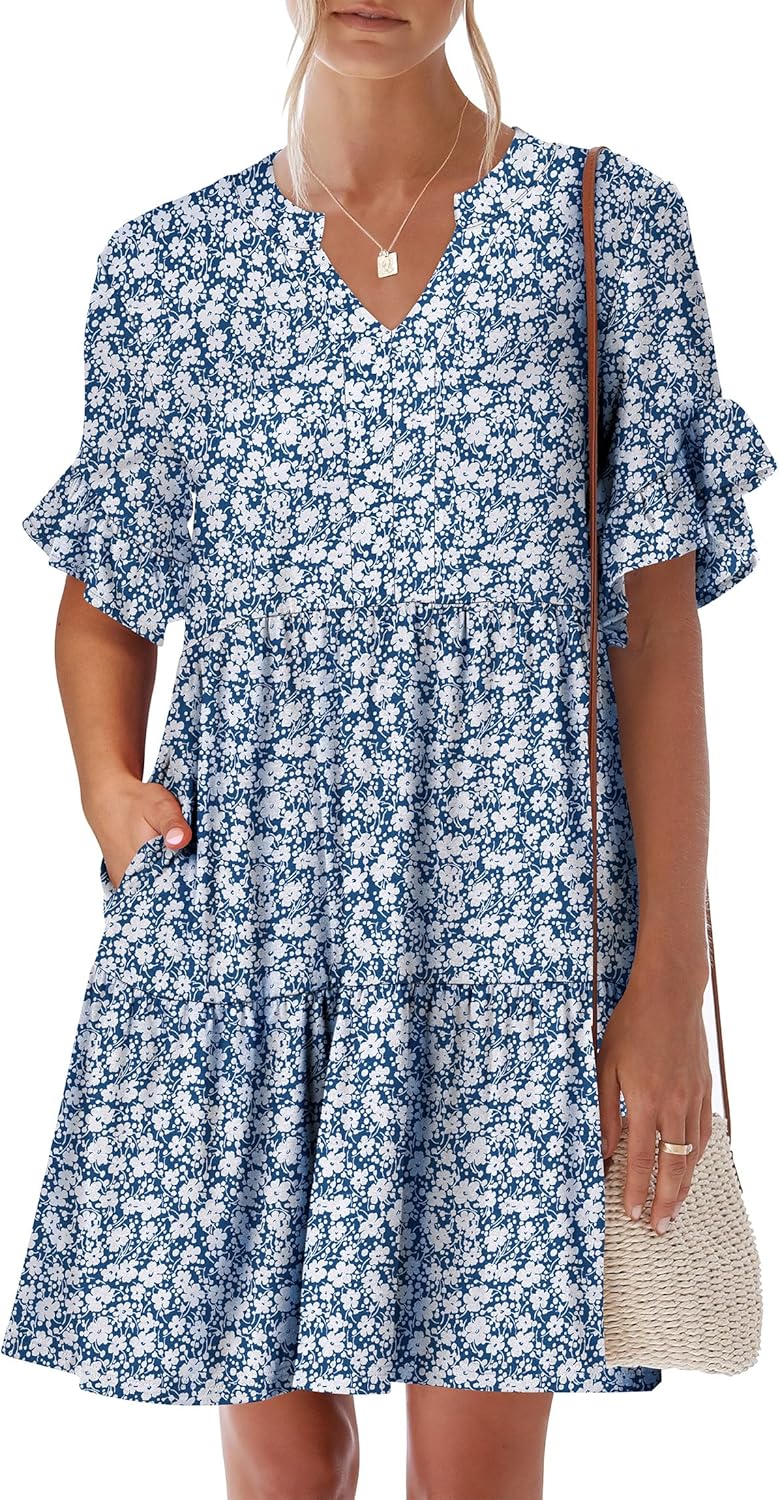 Trendy Ruffle Short Sleeve V Neck Mini Beach Dress for Women