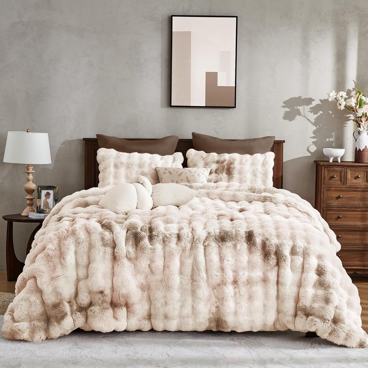 Fluffy Faux Rabbit Fur Bubble Comforter Set for King Size Beds