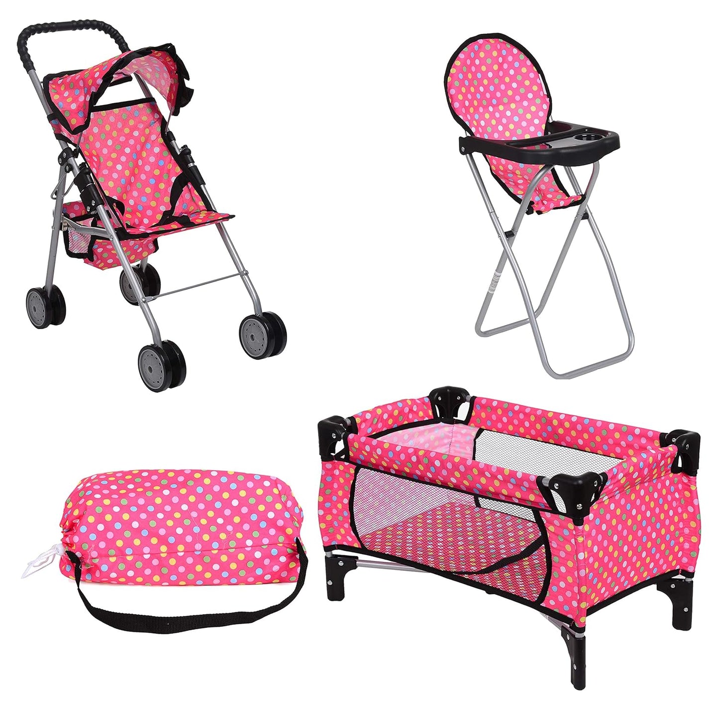 fash n kolor Doll Play Set 3 in 1 with Stroller and High Chair