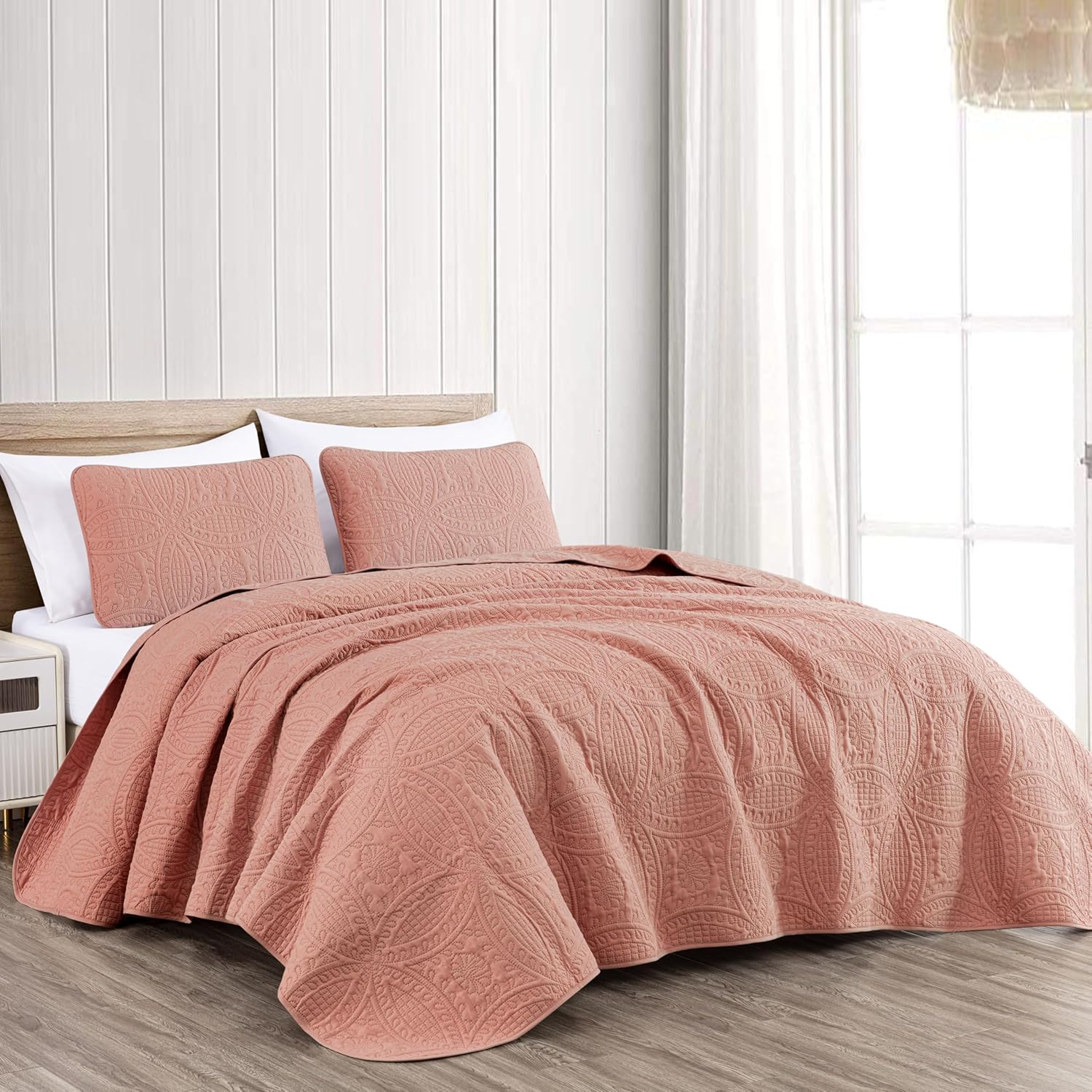 Oversized Bedspread Coverlet Set for Queen Size Beds in Salmon