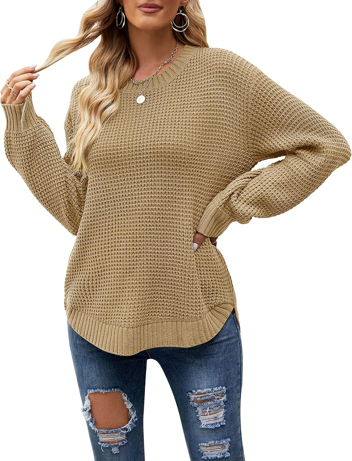 Waffle Knit Pullover Tops for Women - Casual Fall Sweater