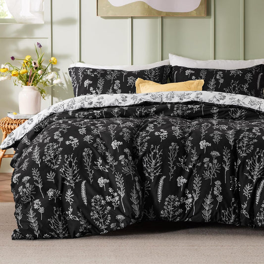 Reversible Black Queen Duvet Cover Set with Floral Patterns