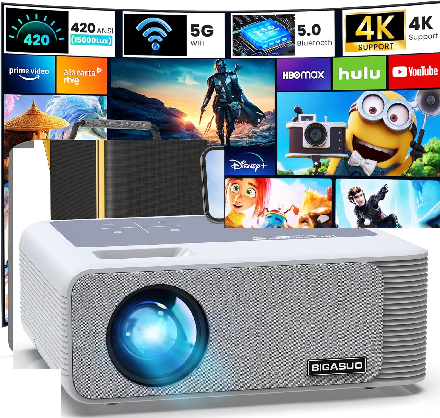 BIGASUO 850ANSI Projector with WiFi and Bluetooth for Home Use