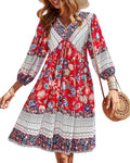 Women Casual Spring Summer V Neck Ruffle Floral Mini Dress - Flowy 3/4