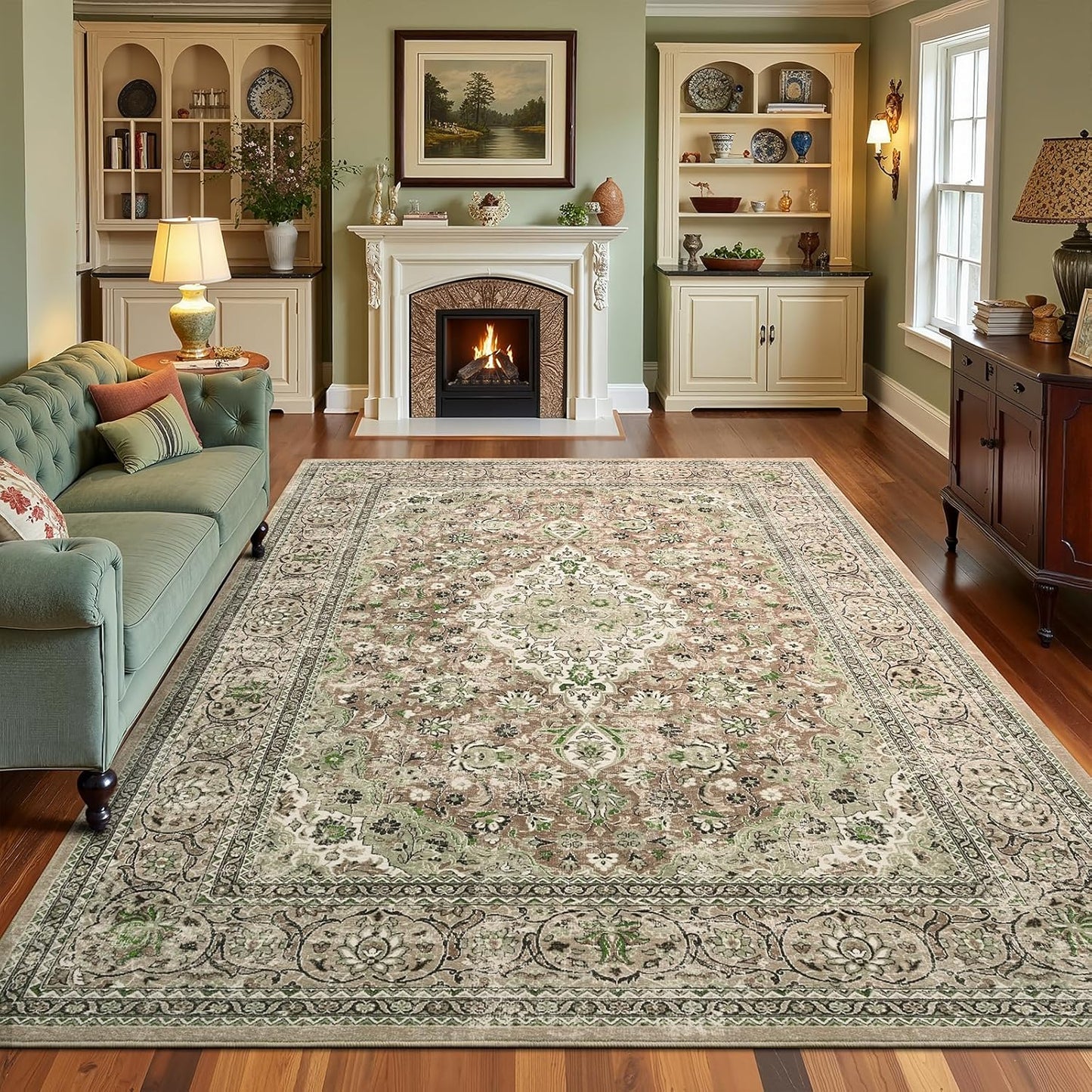 Green Washable Boho Area Rug for Living Room and Bedroom
