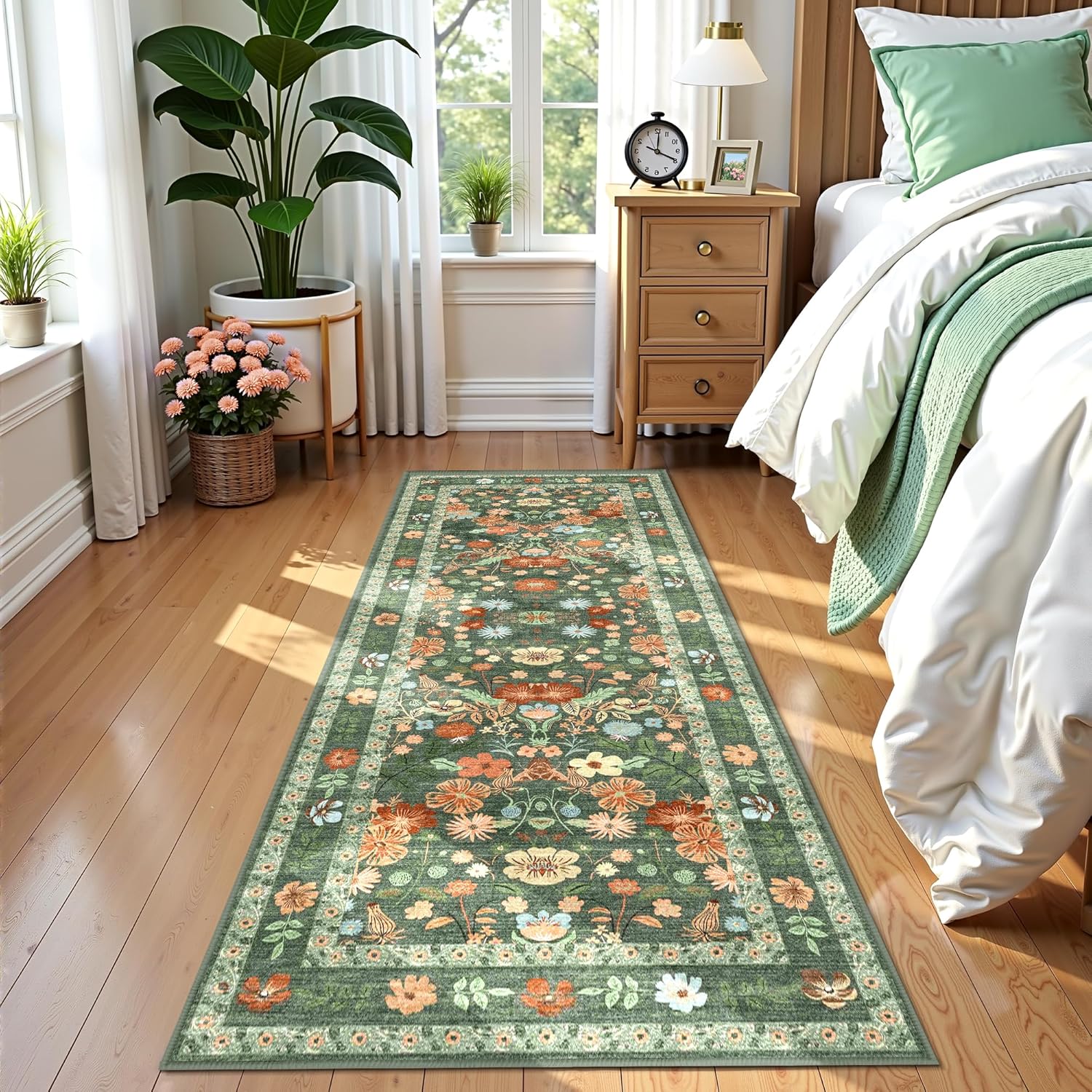 Deerly Green Floral Runner Rug 2x6 for Vintage Boho Spaces