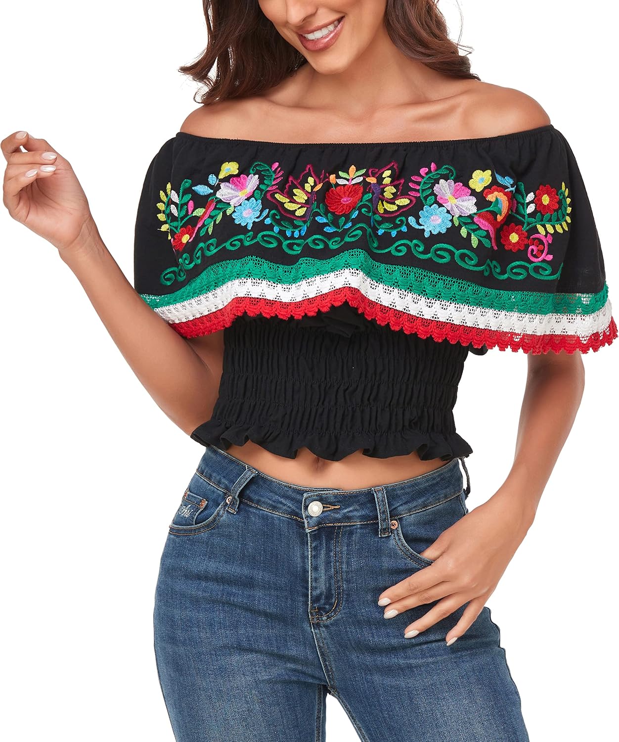 YZXDORWJ Women Mexican Embroidered Off-Shoulder Shirt Top