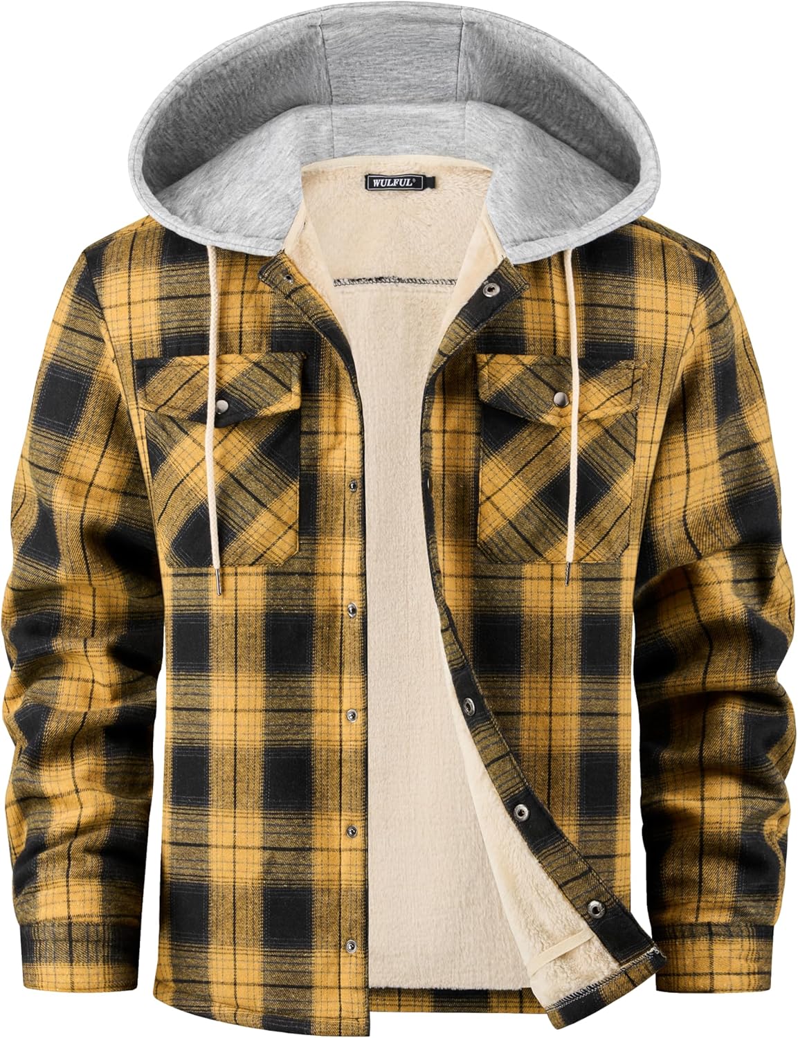 WULFUL Men's Flannel Plaid Shirt Jacket with Hood for Winter