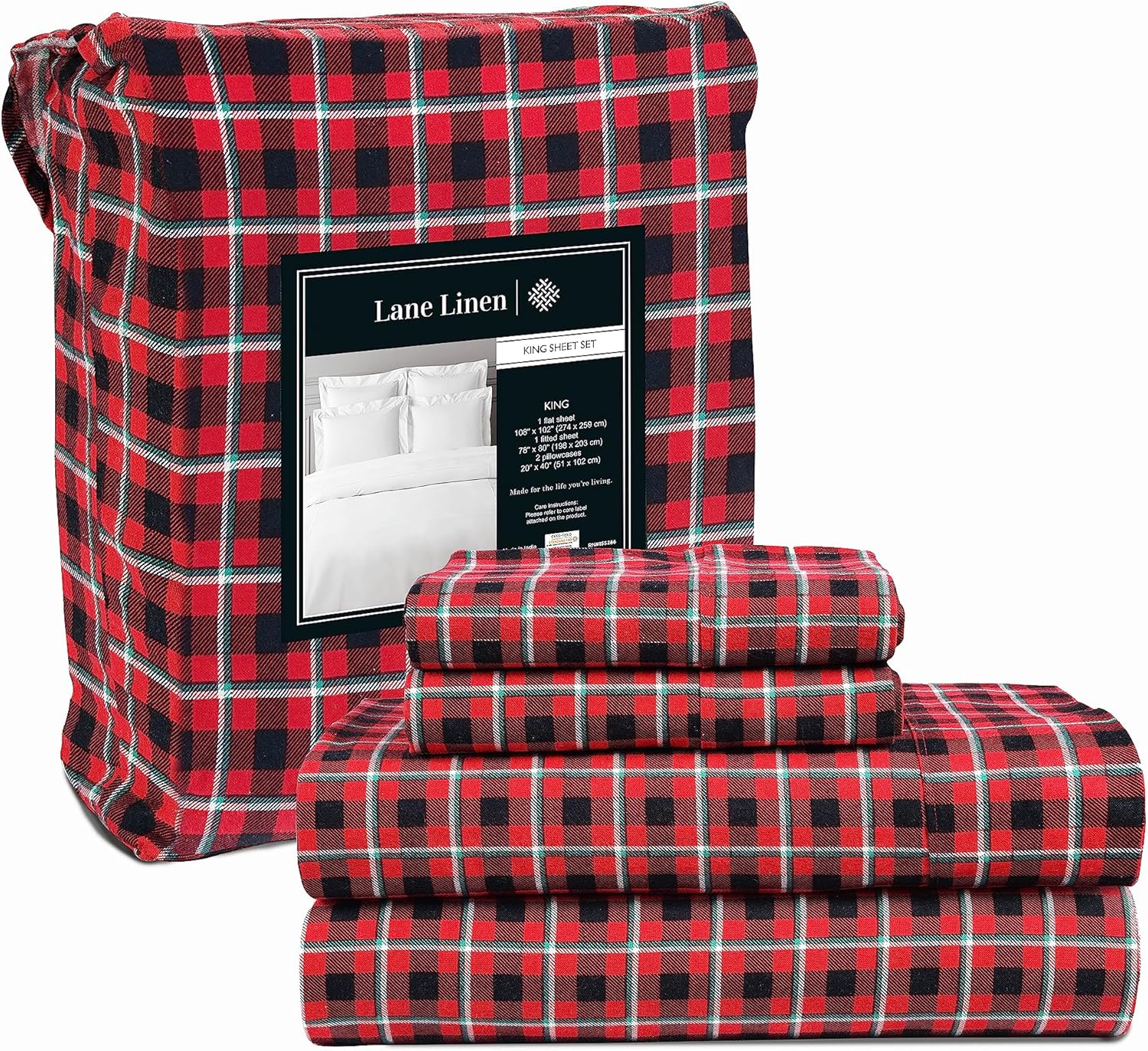 Lane Linen 100% Cotton King Flannel Sheet Set for Cozy Sleep