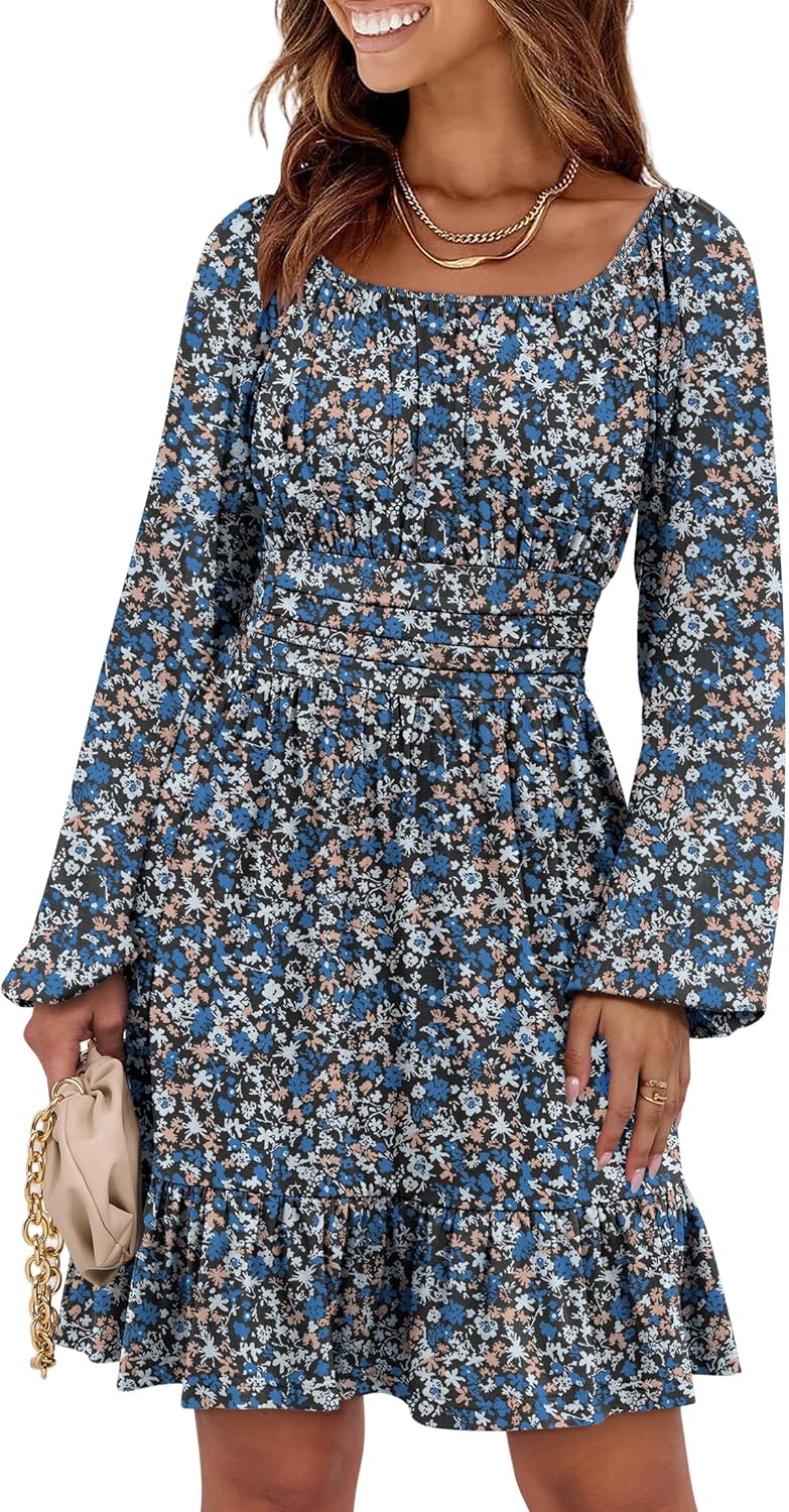 ANRABESS Womens Dress Long Lantern Sleeve Square Neck Ruffle Style