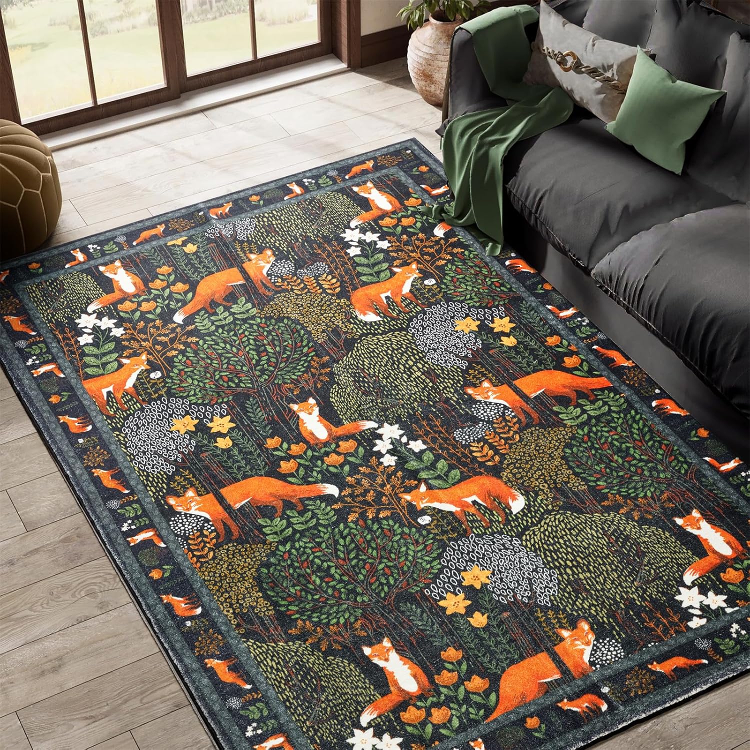 Moody Black Botanical 4x6 Area Rug for Vintage Home Decor