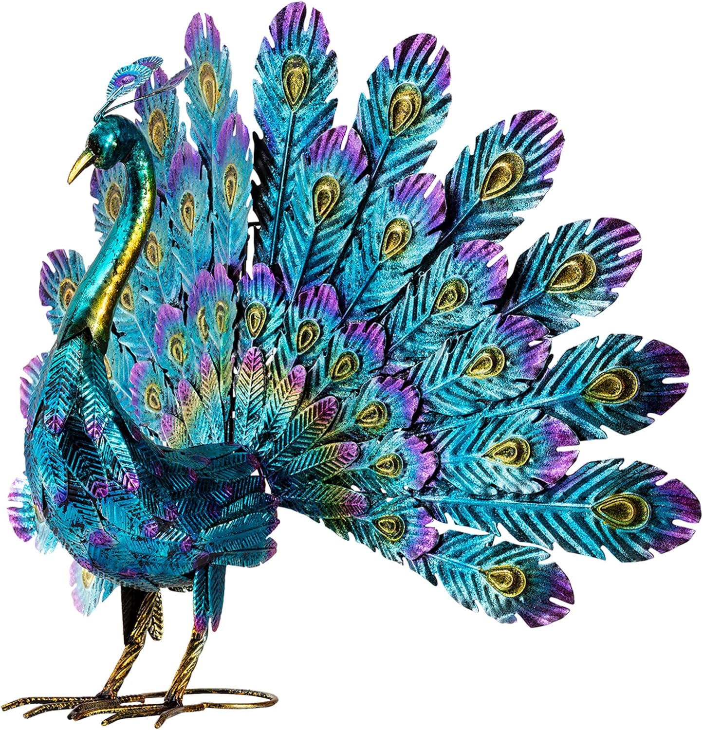 Vibrant 23 Tall Outdoor Metallic Peacock Tail Spread Statue