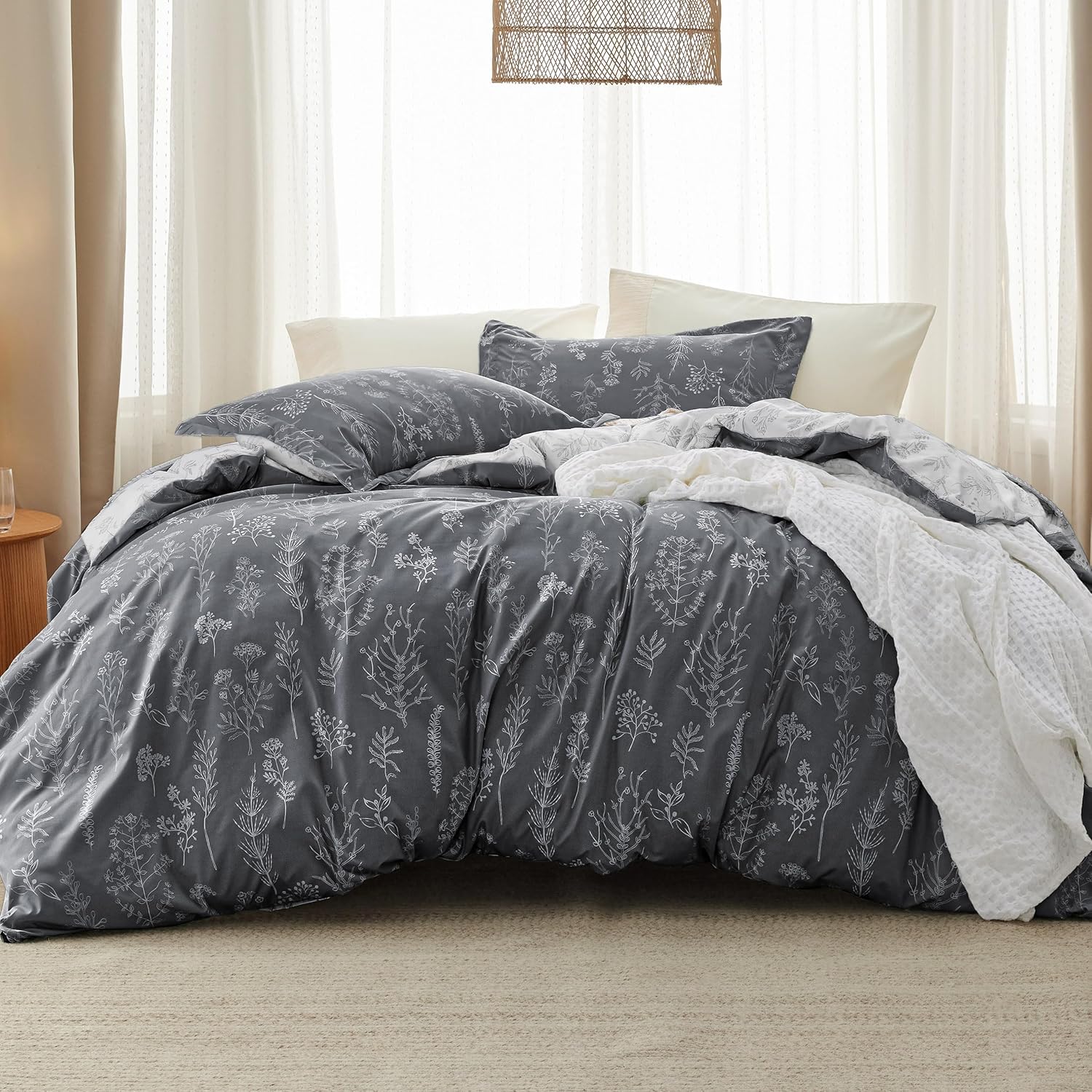Bedsure Oversized Queen Comforter Set - Dark Grey Floral Design
