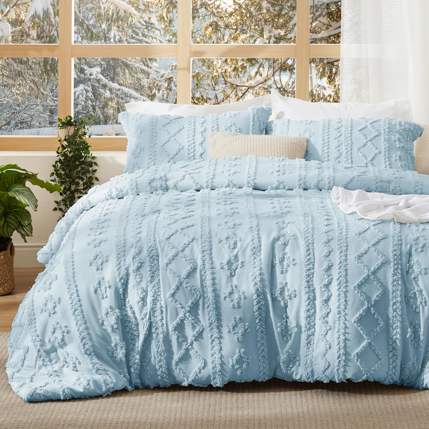 Tufted Boho Comforter Set Twin Size - Dusty Blue Bedding