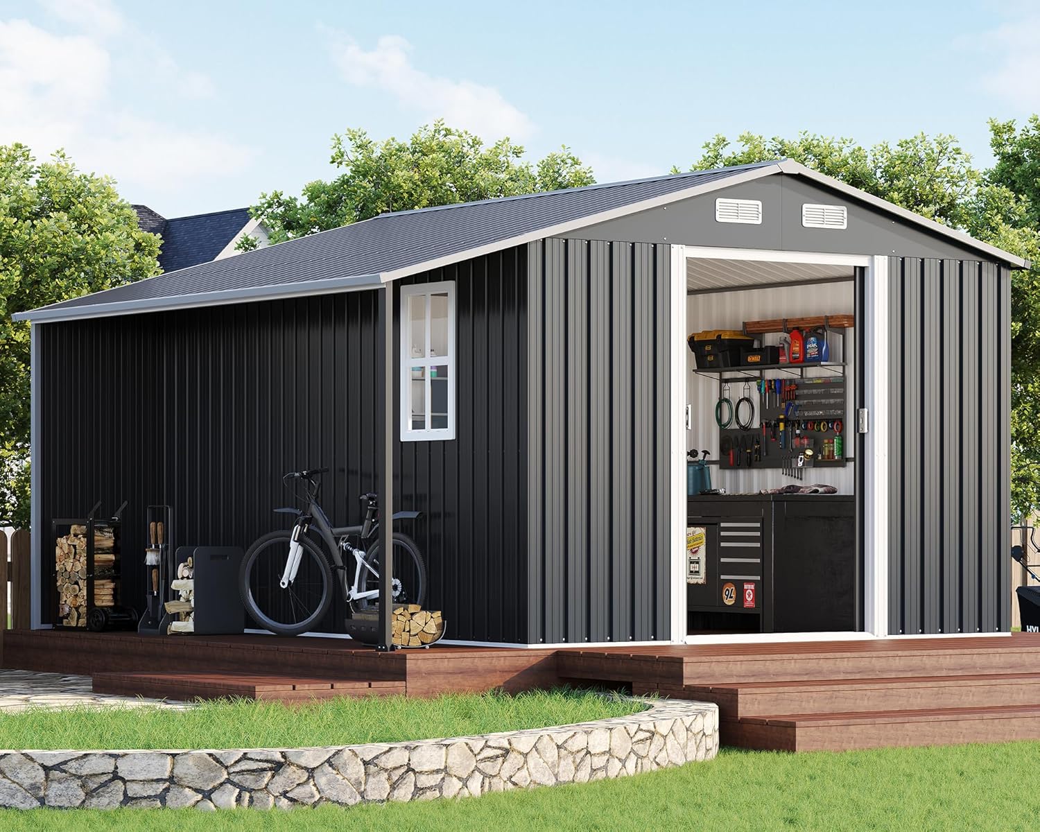 Galvanized Metal Storage Shed with Open Firewood Storage Area