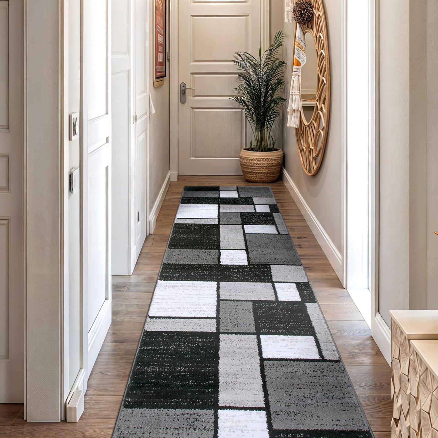 Rugshop Contemporary Modern Boxes Runner Rug for Home Spaces