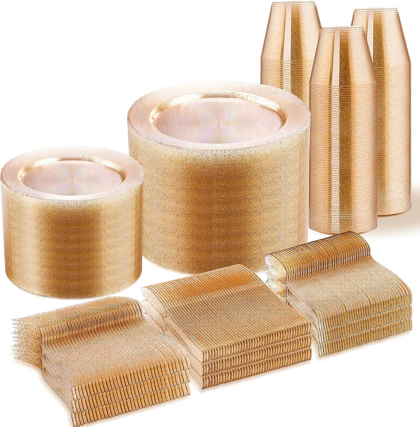 WELLIFE 600 PCS Gold Glitter Disposable Dinnerware Set for Events
