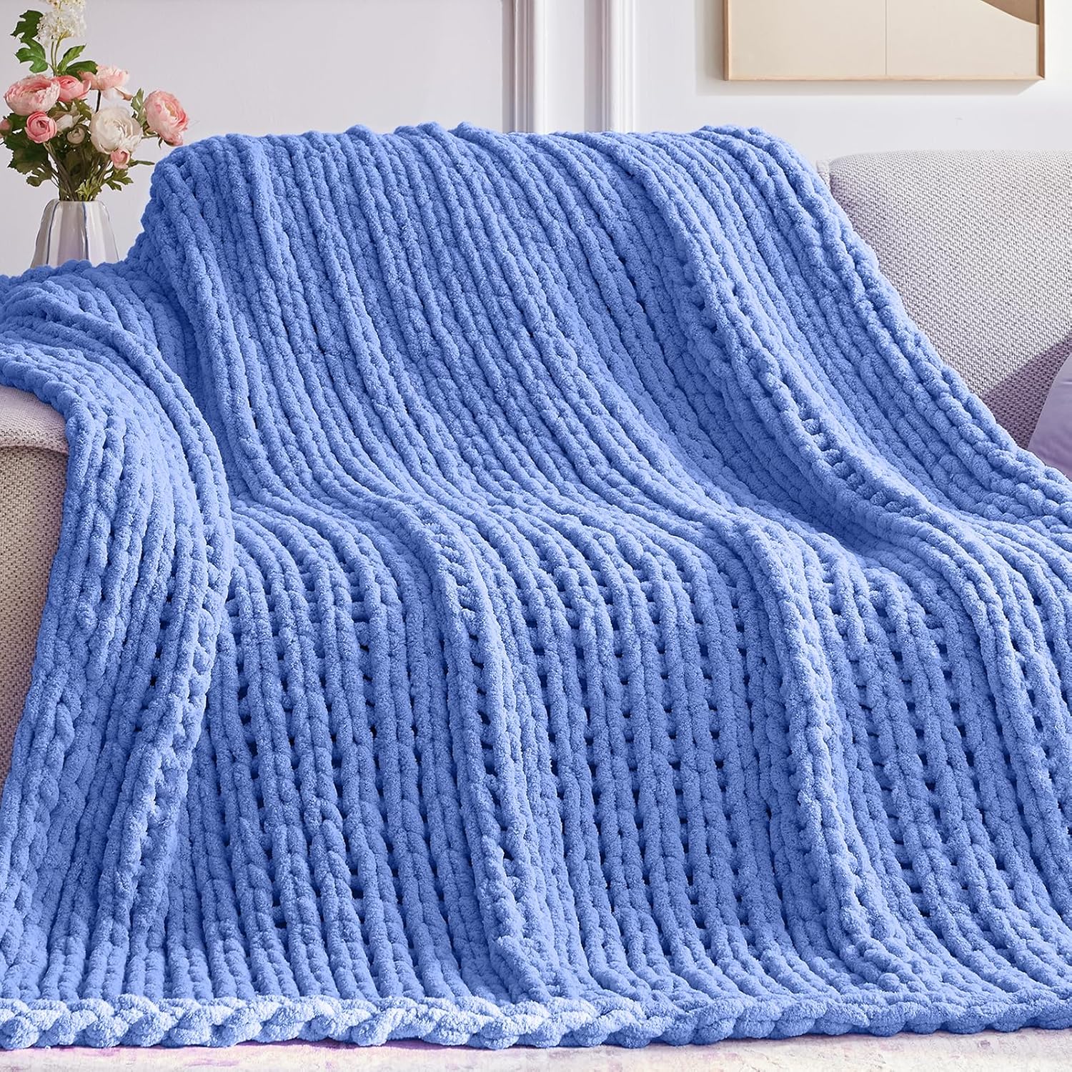 Chunky Knit Throw Blanket for Bed Couch - Handmade Light Blue
