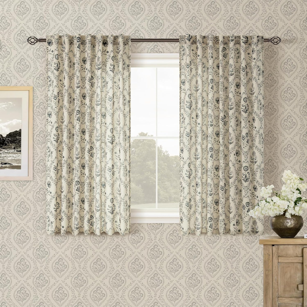 Charcoal Floral Short Curtains for Kitchen Dining Room Decor