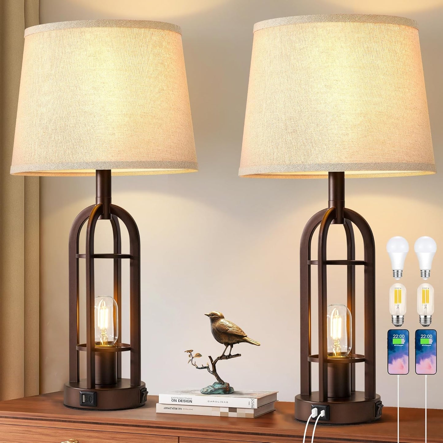 Farmhouse Industrial Table Lamps Set of 2 with USB Ports