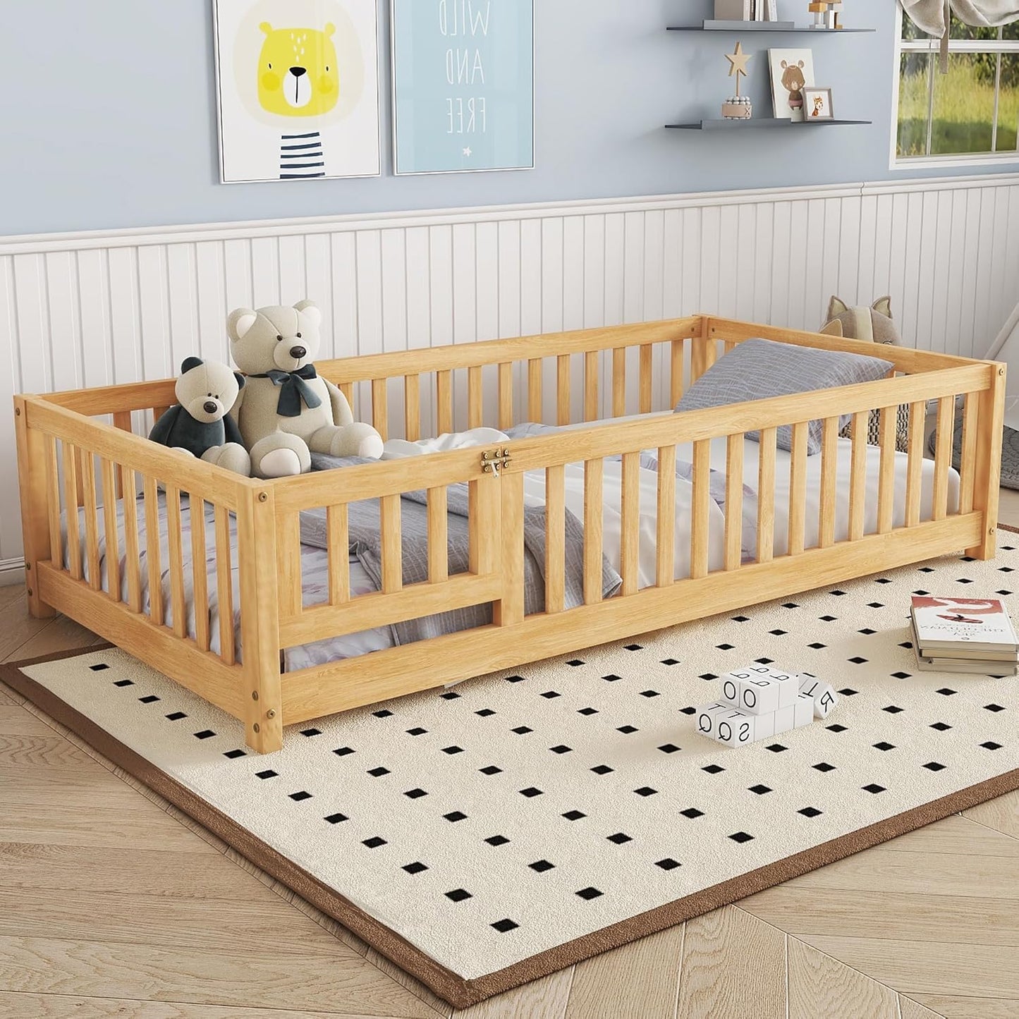 Twin Floor Bed Frame with Slats and Safety Guardrail for Kids
