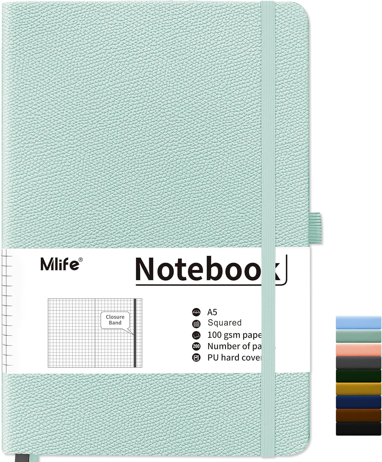 200 Page Grid Paper Journal, PU Leather, Pen Holder - Blue-Green