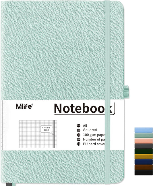 200 Page Grid Paper Journal, PU Leather, Pen Holder - Blue-Green