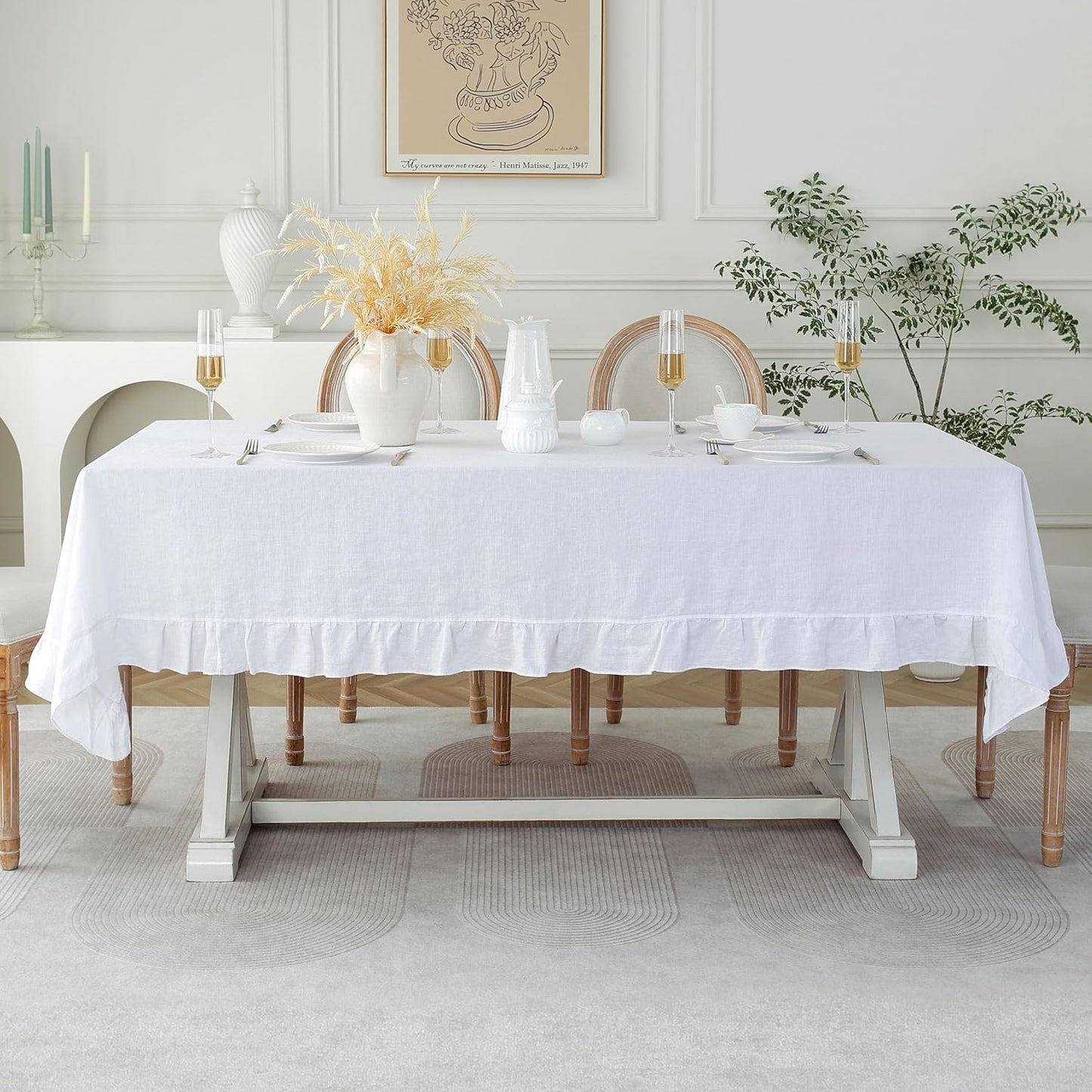 Ruffle Linen Tablecloth 108in x 60in for Dining and Events