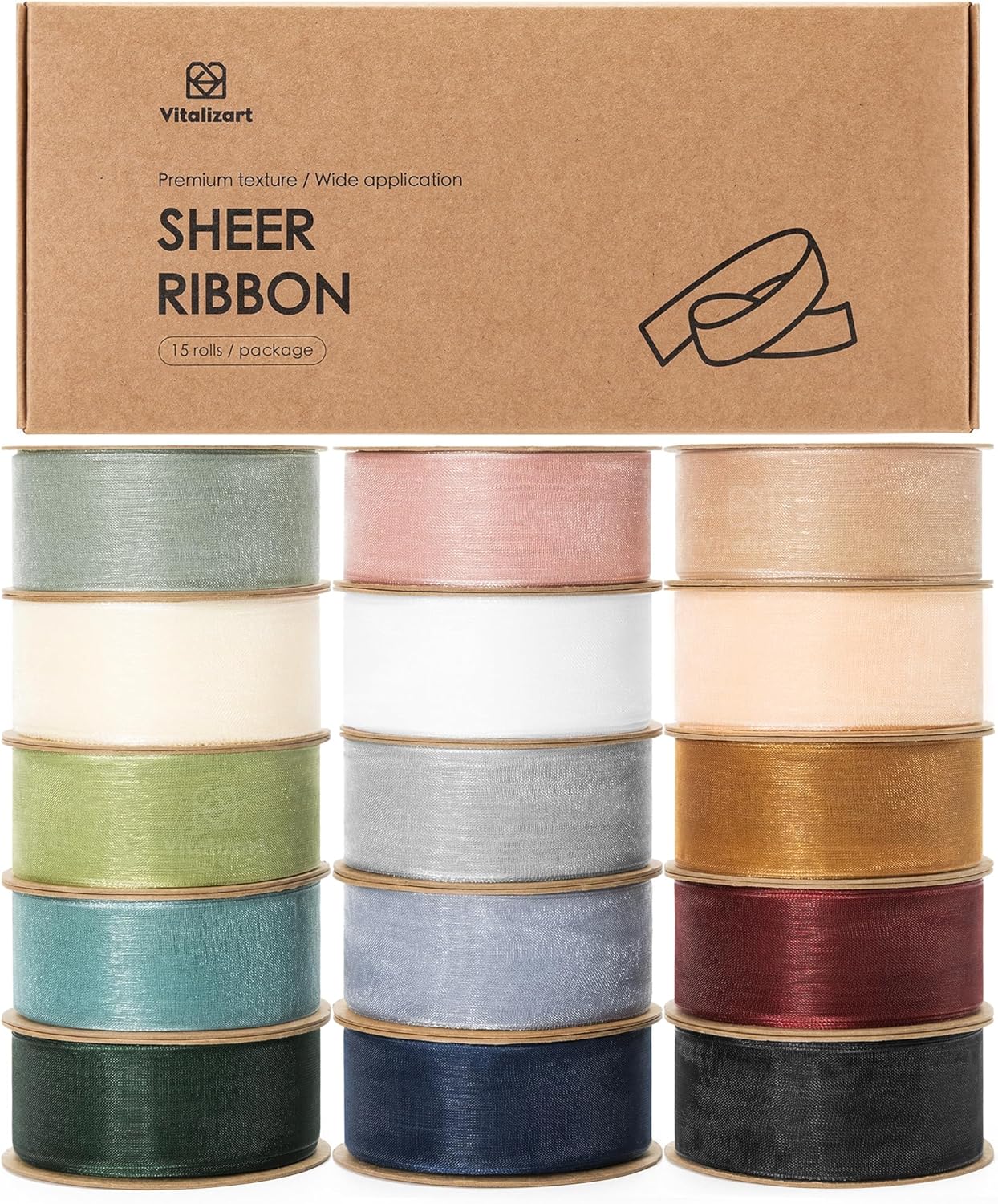 Vitalizart 1in x 150 Yd Organza Ribbon Set for Crafting and Gifts